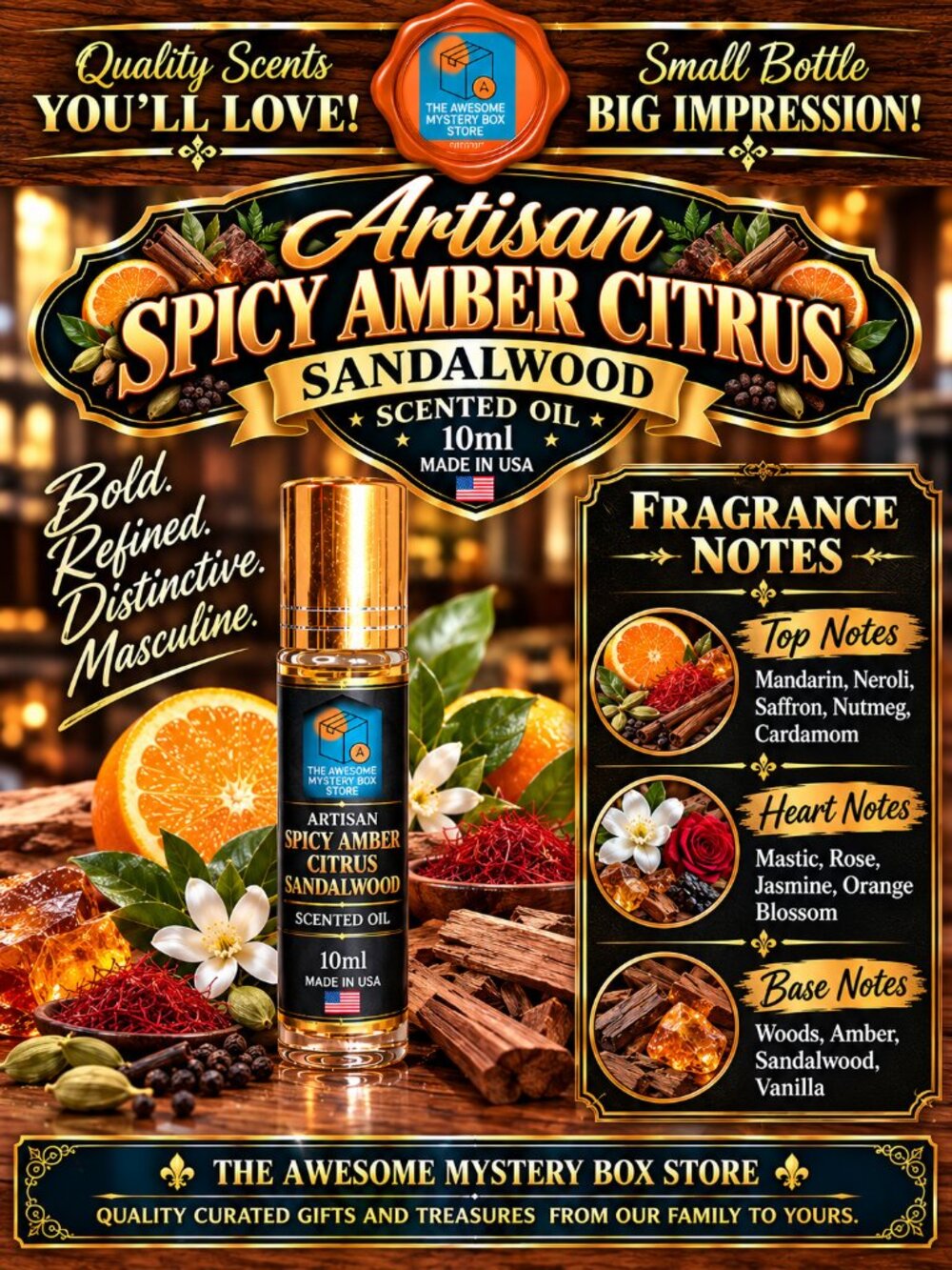 Artisan Spicy Amber Citrus Sandalwood Scented Oil 10ml Glass Roll-On Made in USA